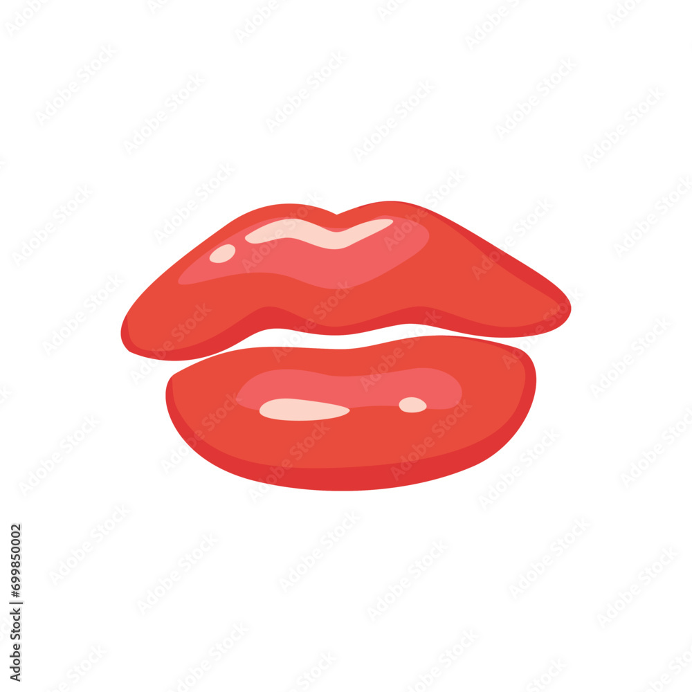 Bright red lips in cartoon style for Valentine's day. Kiss vector illustration isolated on white background. Detailed love symbol element for holiday patterns, packaging, designs Bright red lips in cartoon style for Valentine's day. Kiss vector illustration isolated on white background. Detailed love symbol element for holiday patterns, packaging, designs