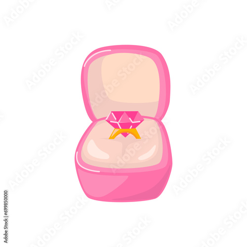 Engagement ring with pink diamond in Jewelry Box. Love confession and Proposal gift for Valentine's day. Vector illustration on white background. Detailed cartoon element 