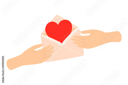 Giving love letter envelope with heart and love message. Hands receiving confession letter for Valentine's day. Vector cartoon element illustration on white background