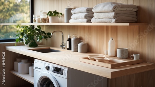 Modern and functional laundry room with washing maching, shelves and storage space