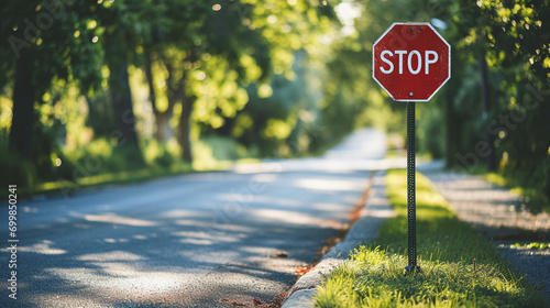 A stop sign on a school zone road, emphasizing child safety, signboard, blurred background, with copy space photo