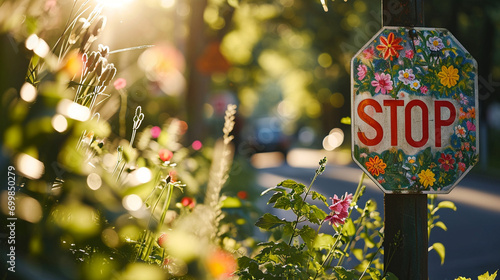 A floral decorated stop sign in a park, merging nature and safety, signboard, blurred background, with copy space