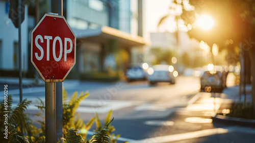 A stop sign at a hospital or emergency room driveway, signboard, blurred background, with copy space photo