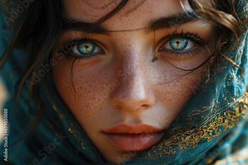 Beautiful Muslim girl from the east, Arab young woman in a headscarf, hijab, close-up portrait of beautiful eyes, freckles Palestine, Oman, Morocco © Gizmo