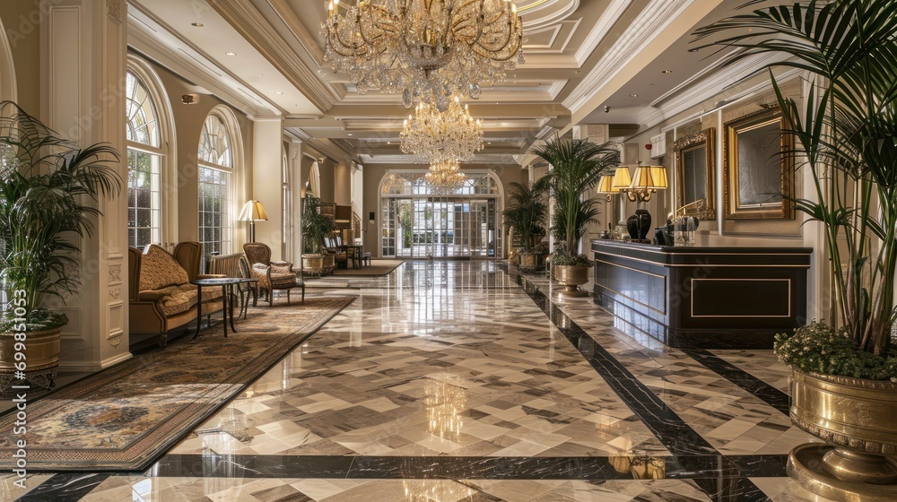 A grand hotel lobby with marble floors, a crystal chandelier, luxurious furnishings, and a concierge desk