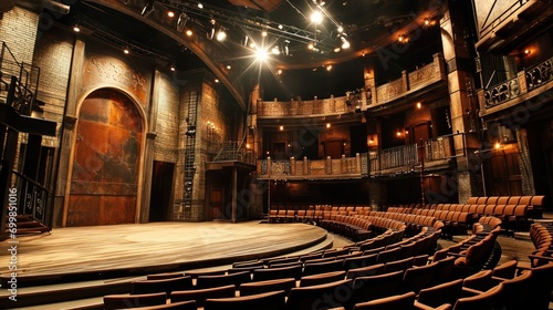 A dramatic theater stage set for a modern adaptation of a Shakespeare play photo