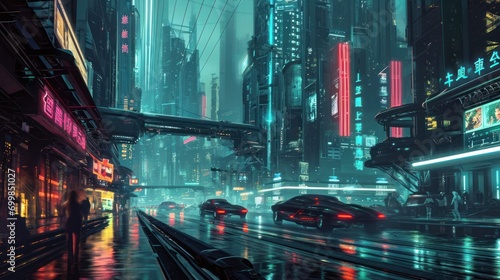 A futuristic cityscape with hovering cars and neon-lit skyscrapers