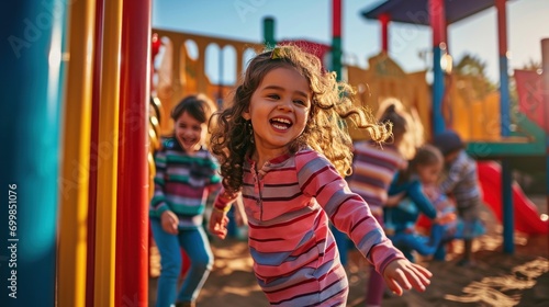 A group of children joyfully playing in a colorful playground