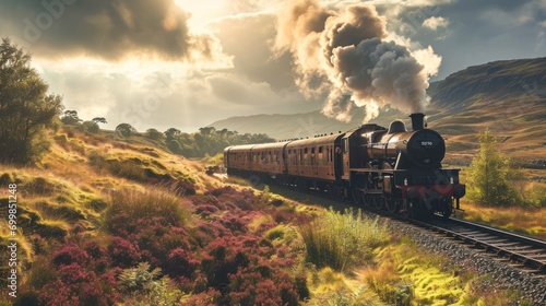 A historic train journey through scenic landscapes with vintage carriages and a steam locomotive photo