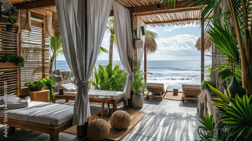 A luxury beachfront spa resort with ocean-view treatment rooms, holistic therapies, and private cabanas