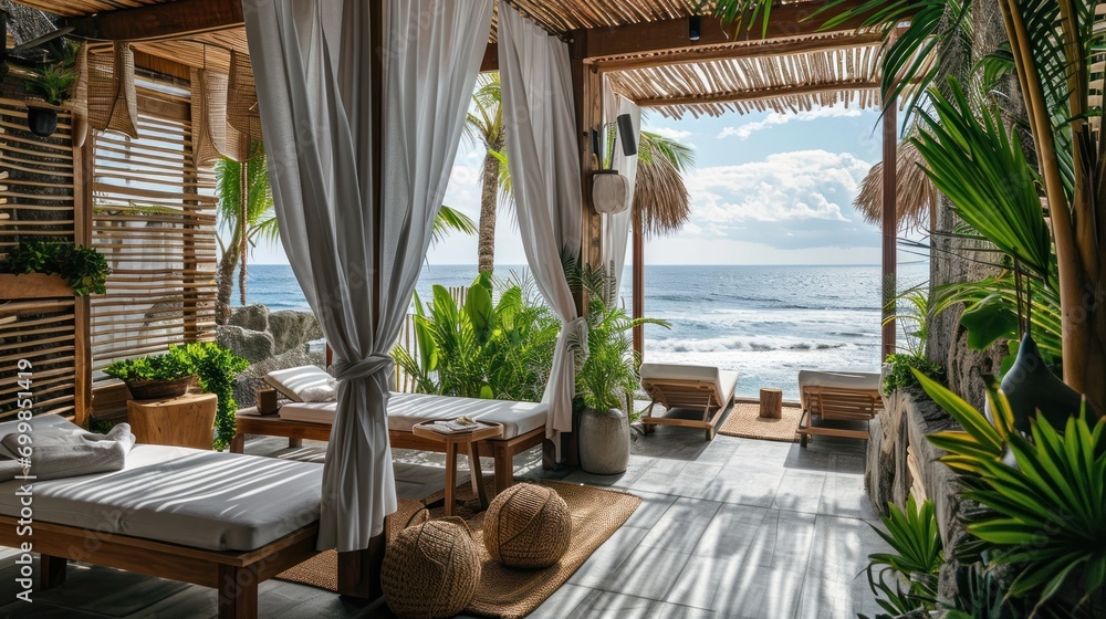 Fototapeta premium A luxury beachfront spa resort with ocean-view treatment rooms, holistic therapies, and private cabanas