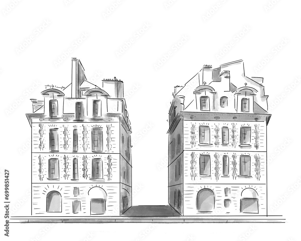 Illustration en noir et blanc de monument de Paris, Place Dauphine