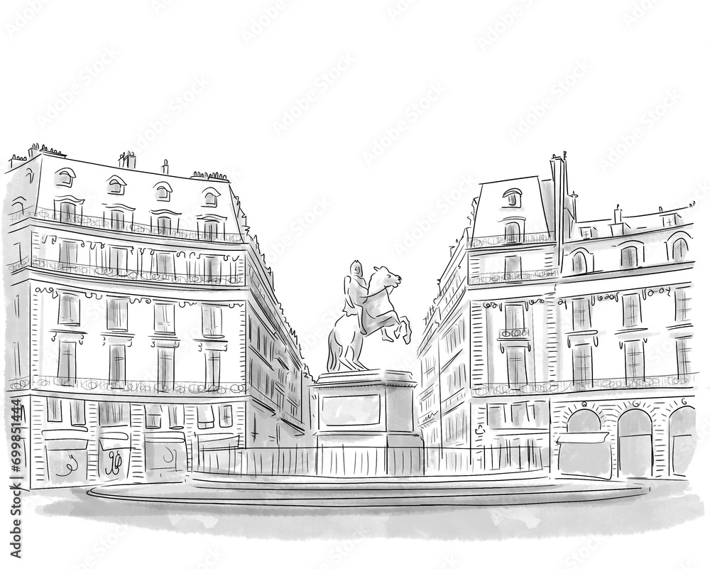 Illustration en noir et blanc de monument de Paris, Place de la victoire