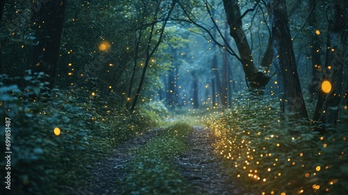 A magical forest path illuminated by fireflies at twilight