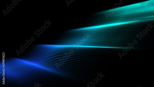 Gradient dynamic wave texture. Structure with dots on the dark background. Futuristic network connection or landscape. Big data visualization. 3D rendering.