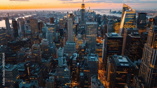 A panoramic rooftop view of a bustling city at sunset with skyscrapers and busy streets