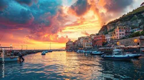 A panoramic view of a bustling harbor with boats and a colorful sunset