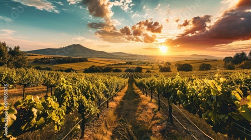 A panoramic view of a vineyard at sunset with rows of grapevines and a distant mountain photo