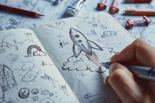 Person drawing a rocket in a notebook, startup and creativity concept. Generative AI