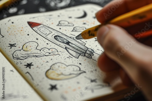 Person drawing a rocket in a notebook, startup and creativity concept. Generative AI photo