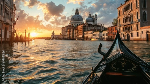 A romantic gondola ride in Venice at sunset with historic buildings and canals © Bijac