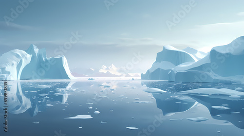 Majestic icebergs gleam in a polar landscape, depicting the raw beauty and minimalism of the icy terrain