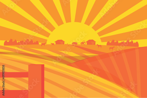 Landscape with fields and farm at sunrise
