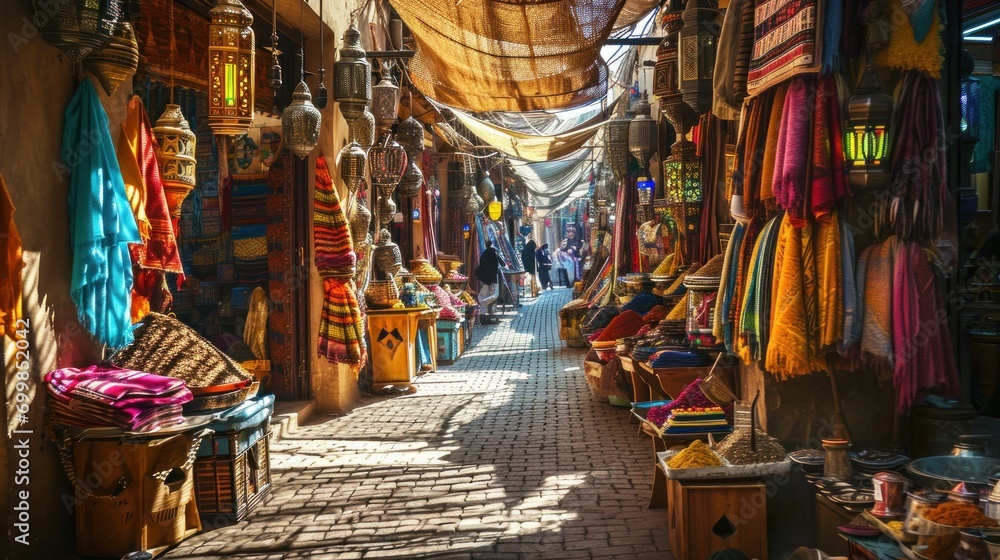 A traditional Arabian souk with colorful textiles, spices, lanterns, and bustling local merchants