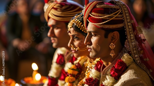 A traditional Indian wedding ceremony with vibrant colors, elaborate decorations, and cultural performances