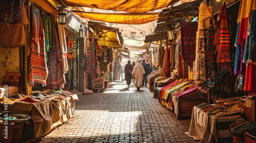 A traditional Moroccan bazaar with colorful textiles, spices, and bustling shoppers © Bijac