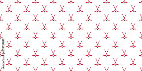 Hockey vector background. Ice hockey stick and puck seamless pattern in a Canadian flag traditional colors and maple leaf symbols. Winter sports repeated texture for sporting designs, prints