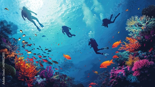 A vibrant coral reef underwater scene with divers exploring, tropical fish, and colorful sea life