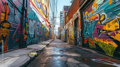 A vibrant mural in an urban alleyway depicting cultural heritage, street art, and community spirit