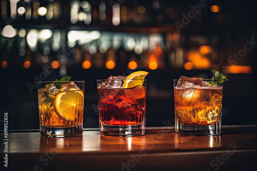 A lively nightlife scene at the bar with a variety of cocktails, including bourbon, whiskey, and citrus mixes. photo