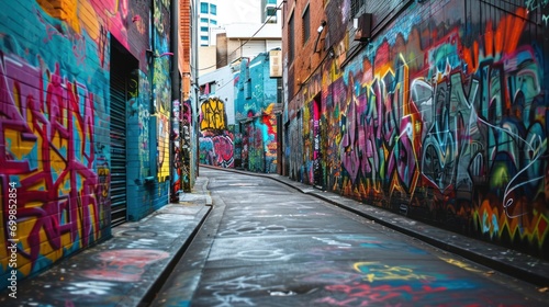 A vibrant street art scene with graffiti-covered walls in an urban alley