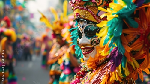 A vibrant street parade with colorful floats and costumed performers photo