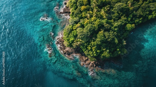Aerial view of a lush green tropical island