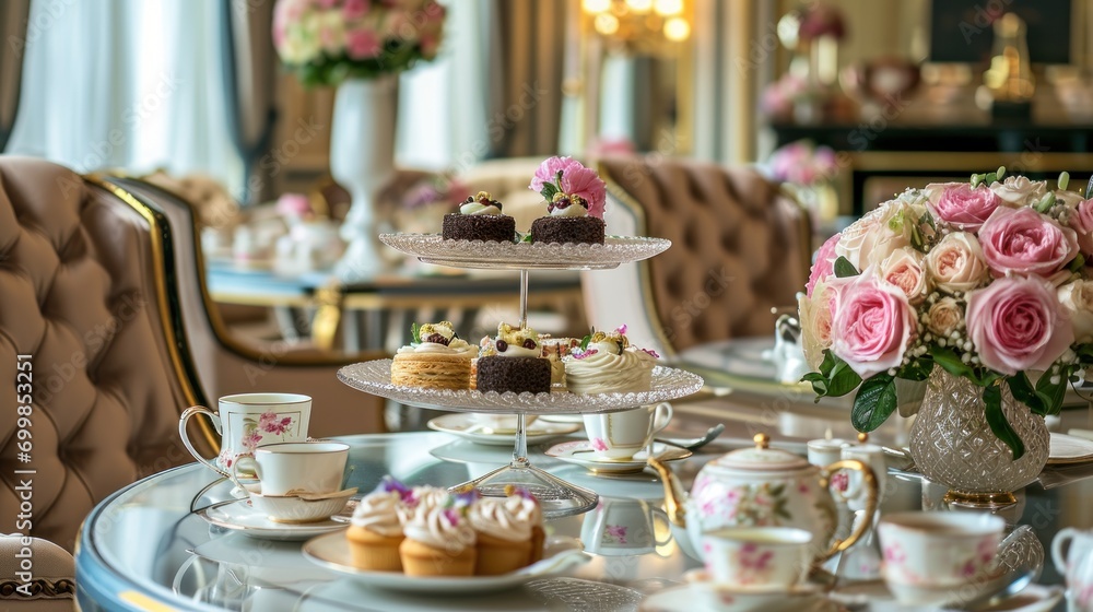 An elegant high tea setting in a luxurious hotel with fine china, tiered cake stands, and floral arrangements