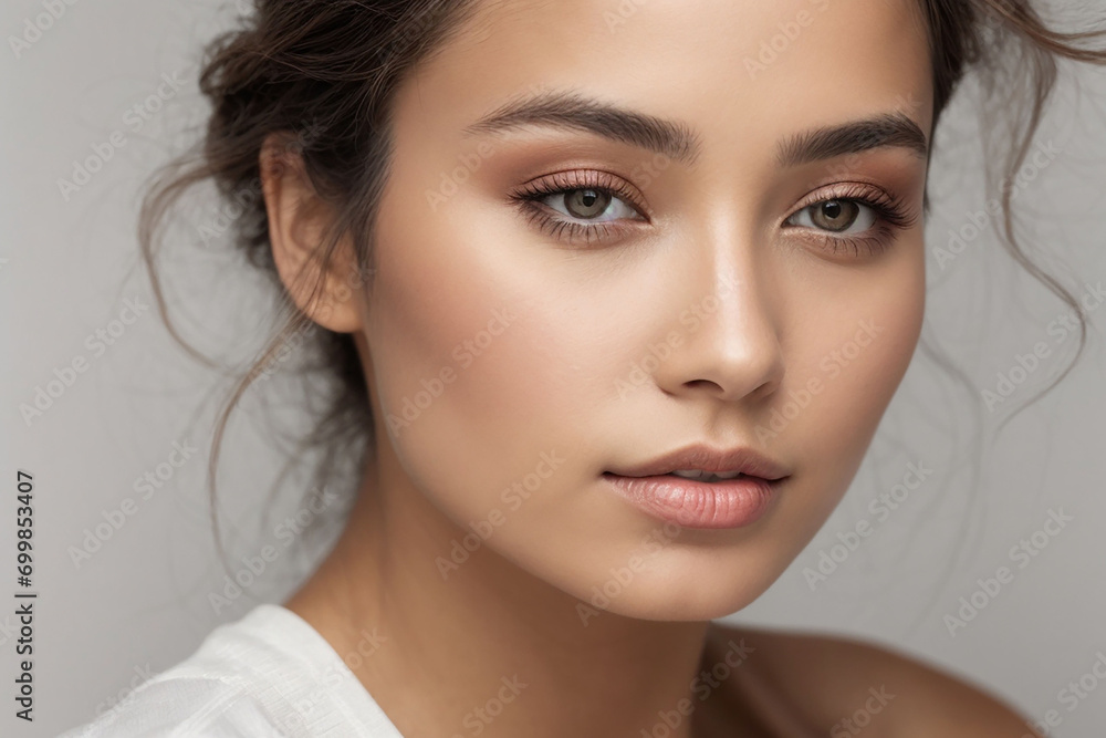 Naklejka premium Woman with beauty face touching healthy facial skin portrait, Model with natural makeup touching her skin, isolated on a white background