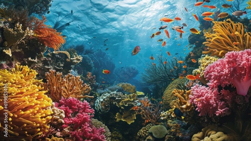 An underwater scene with colorful coral reefs and diverse marine life