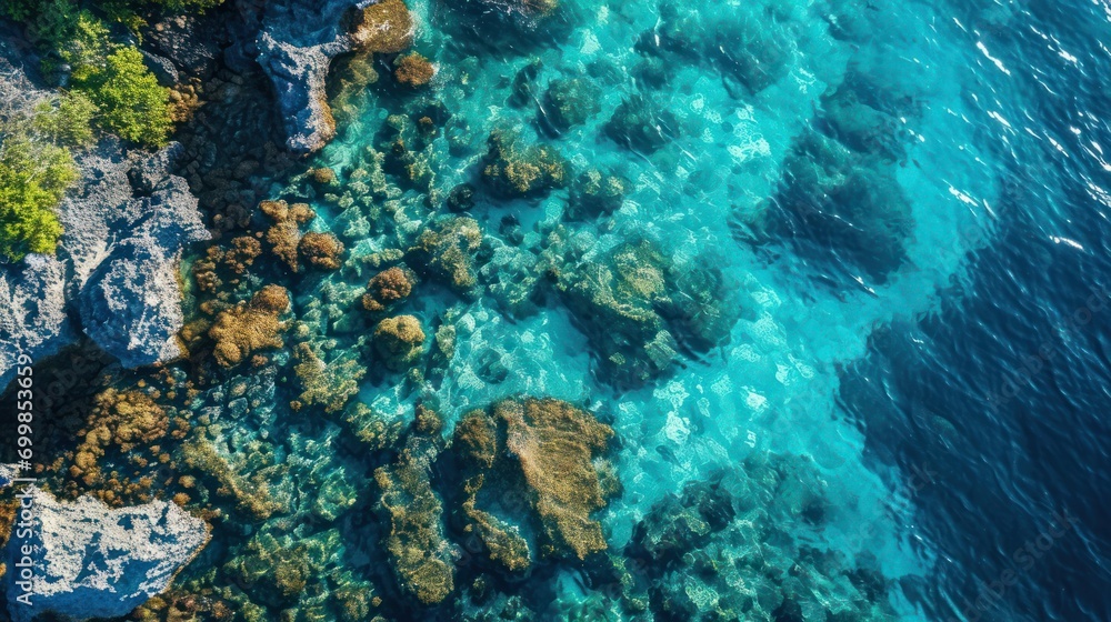 Breathtaking aerial view of a coral reef in crystal clear tropical waters