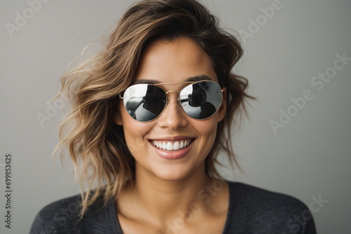 Wallpaper Mural Smiling woman with sunglasses, isolated on a white background Torontodigital.ca