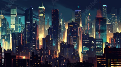 City skyline at night with illuminated skyscrapers and urban architecture.