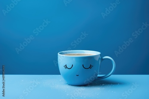Blue cup with sad facial expression on blue background. Blue monday concept photo