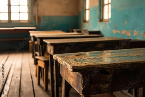 Room of an old school with empty wooden desks, learning and teaching concept. Generative AI