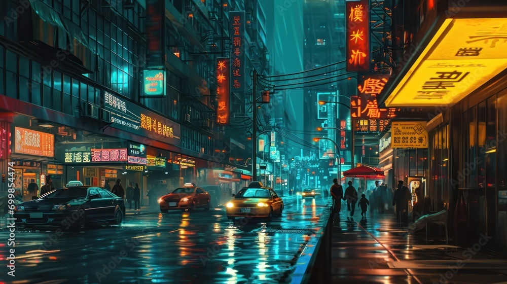 Night cityscape with neon lights and vibrant street life.