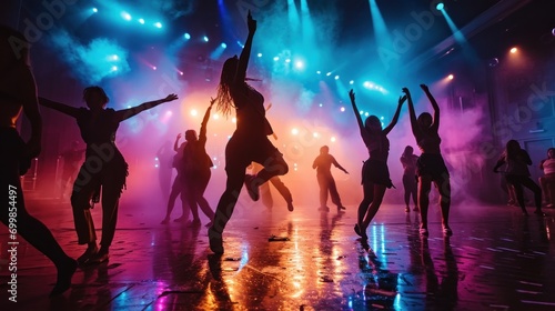 Energetic dance performance on a stage with colorful lighting