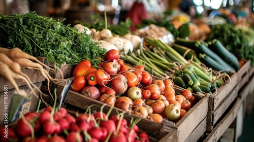 Fresh organic produce, farmers market, vegetables, fruits, healthy lifestyle.