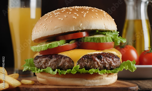 A mouthwatering journey into the world of culinary delight scene featuring a delicious and realistic burger. Food Photography  Tempting  Realistic  Appetizing