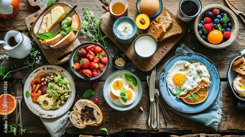 Gourmet healthy breakfast spread on a rustic wooden table
